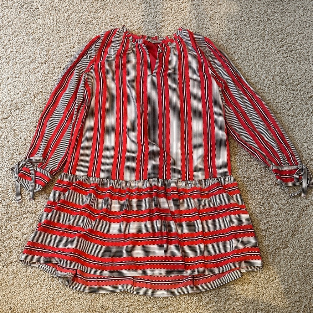 LOFT Red and White Striped Long Sleeve Drop-Waist Dress